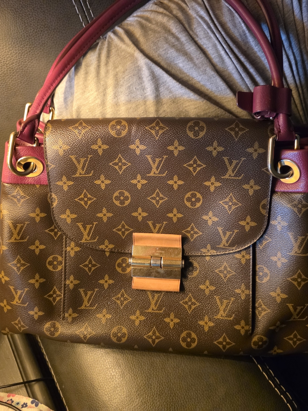 Louis Vuitton Brown Monogram Satchel with Burgundy Accents